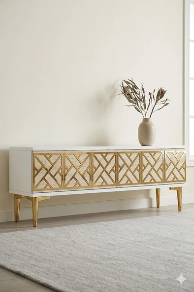 TSA1238BTG AREX Tv Sehpası Beyaz-Traverten-Gold 120cm ürün görseli 1