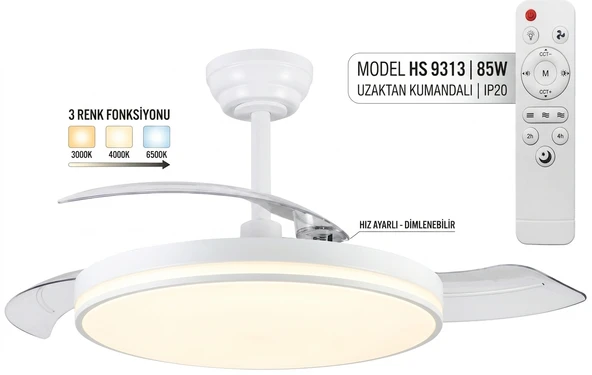 HS 9313 85 W 3 PERVANELİ TAVAN VANTİLATÖRÜ (GİZLİ PERVANE) ürün görseli 1