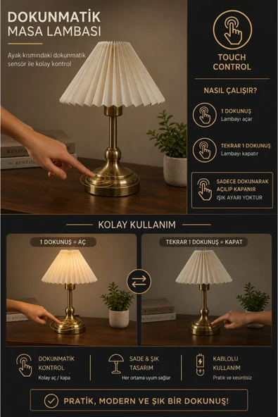 Lumexx  LUNA DOKUNMATİK ESKİTME PİLELİ KREM MASA LAMBASI ürün görseli 1