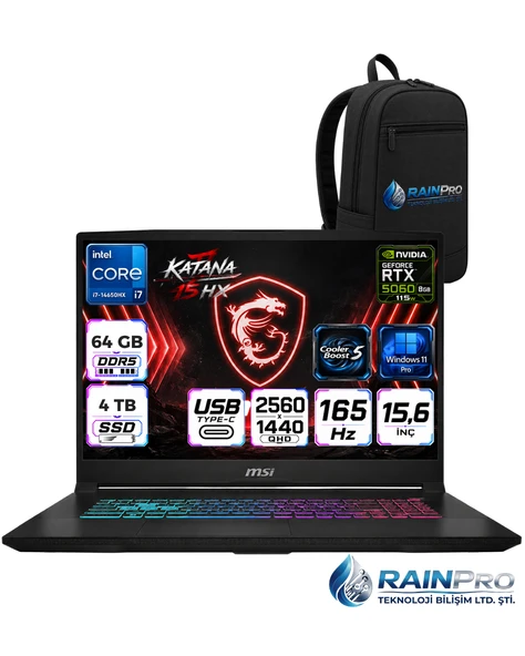 MSI Katana 15 HX Intel Core İ7-14650HX 64 GB DDR5 4 TB SSD 8GB/RTX5060/115W 15.6" QHD 165Hz Windows 11 Pro Gaming Laptop Oyuncu Bilgisayarı  B14WFK-817XTRRNP24+ÇANTA ürün görseli 1