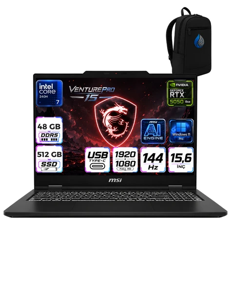 MSI VenturePro 15 Intel Core 7 240H 48 GB DDR5 512 GB SSD 8GB/RTX5050 15.6" FHD 144HZ Windows 11 Pro Gaming Laptop Oyuncu Bilgisayarı A2RWEG-206XTRRNP17+ÇANTA ürün görseli 1