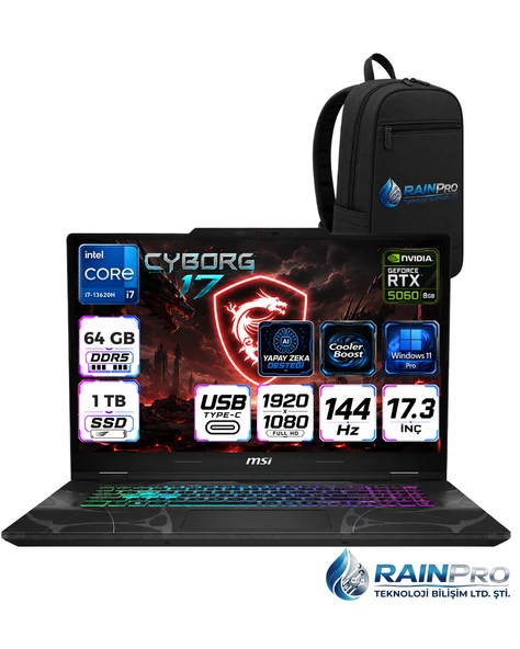 MSI Cyborg 17 Intel Core i7-13620H 64 GB DDR5 1 TB SSD 8GB/RTX5060 17.3" FHD 144Hz Windows 11 Pro Gaming Laptop Oyuncu Bilgisayarı B13WFKG-210XTRRNP22+ÇANTA ürün görseli 1