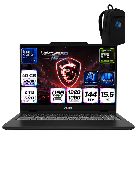 MSI VenturePro 15 Intel Core 7 240H 40 GB DDR5 2 TB SSD 8GB/RTX5050 15.6" FHD 144HZ Windows 11 Pro Gaming Laptop Oyuncu Bilgisayarı A2RWEG-206XTRRNP15+ÇANTA ürün görseli 1