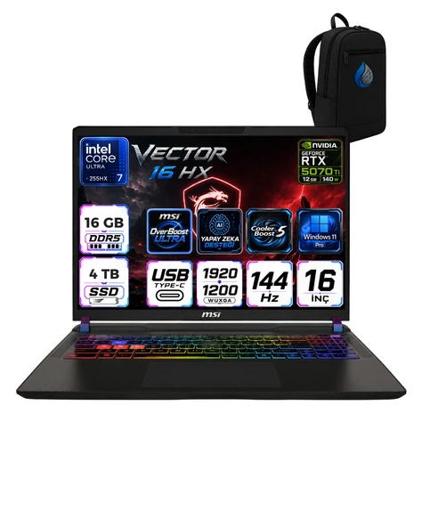 MSI Vector 16 HX AI Intel Core Ultra 7 255HX 16 GB 4 TB SSD 12GB/RTX 5070 Ti/140W 16" WUXGA Windows 11 Pro Gaming Laptop Oyuncu Bilgisayarı A2XWHGRNP04 ürün görseli 1