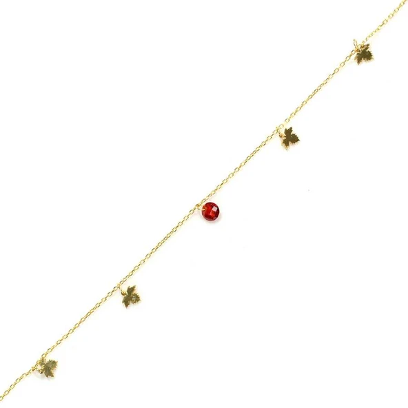 925 Ayar Gümüş Yuvarlak Garnet Taşlı Çınar Yaprağı Halhal ürün görseli 1