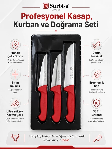 Sürbisa 3’lü Profesyonel Kasap ve Kurban Bıçak Seti Kırmızı Sap Fransız Çelik 3 mm 10 Yıl Garantili ürün görseli 1