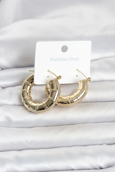 316L Çelik Gold Renk Bambu Model Halka Kadın Küpe TJ-BKP11828 ürün görseli 1