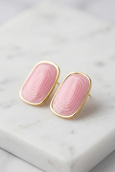 Gold Pembe Mineli Dörtgen Premium Çelik Küpe - Resim 2