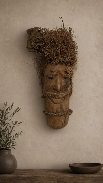 Dekoratif Ahşap Duvar Maskesi El Yapımı Otantik Tribal Bohem Salon Ofis Duvar Dekoru 51 cm ürün görseli 1