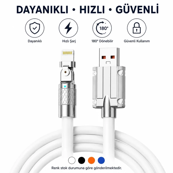 Metal Başlıklı Lightning Şarj Kablosu 180 Derece Döner Başlıklı Hızlı Şarj Destekli ürün görseli 1