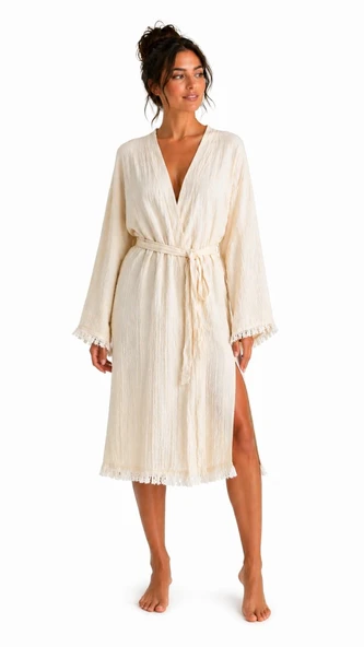 Natural Touch Müslin Kimono Bornoz – Püskül Detaylı Yırtmaçlı Spa & Plaj Kimonosu ürün görseli 1