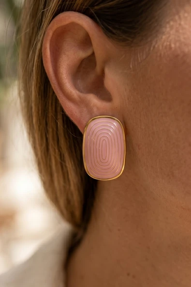 Gold Pembe Mineli Dörtgen Premium Çelik Küpe ürün görseli 1