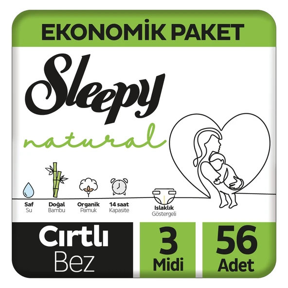 Natural 3 Numara 56 Adet Midi Bebek Bezi Bantlı 4 - 9 kg Ekstra Yumuşak Koruma ürün görseli 1
