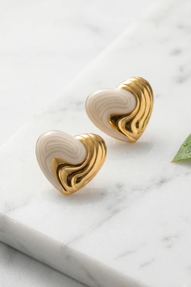 Gold Mineli Kalp Premium Çelik Küpe - Resim 2