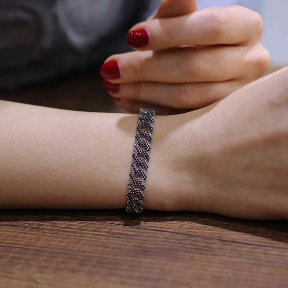 Gümüş Siyah Taşlı Gurmet Zincir Bileklik ürün görseli 1