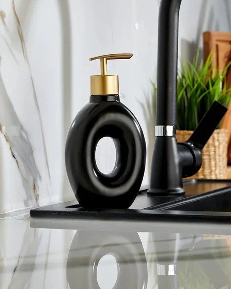 GOLD tasarımlı Lüx Porselen Banyo ve Mutfak Sıvı Sabunluk siyah renk ürün görseli 1