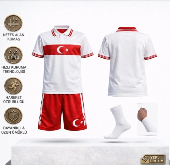 Türkiye Milli Takım Yakalı 01 Özel Tasarım Beyaz-Kırmızı Çocuk Futbol Forması Takımı 3 Lü Set Forma+Şort+Çorap (KOD:Y01) ürün görseli 1