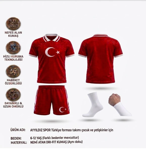 Türkiye Milli Takım Yakalı Özel Tasarım Kırmızı-Beyaz Çocuk Futbol Forması Takımı 4 Lü Set Forma+Şort+Bileklik+Çorap ürün görseli 1