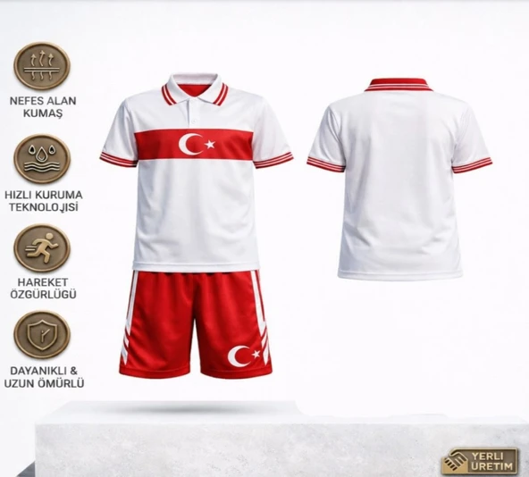 Türkiye Çocuk forması Takımı Yakalı Özel Tasarım Beyaz-Kırmızı 2 li Set Forma+Şort (KOD:y01) ürün görseli 1