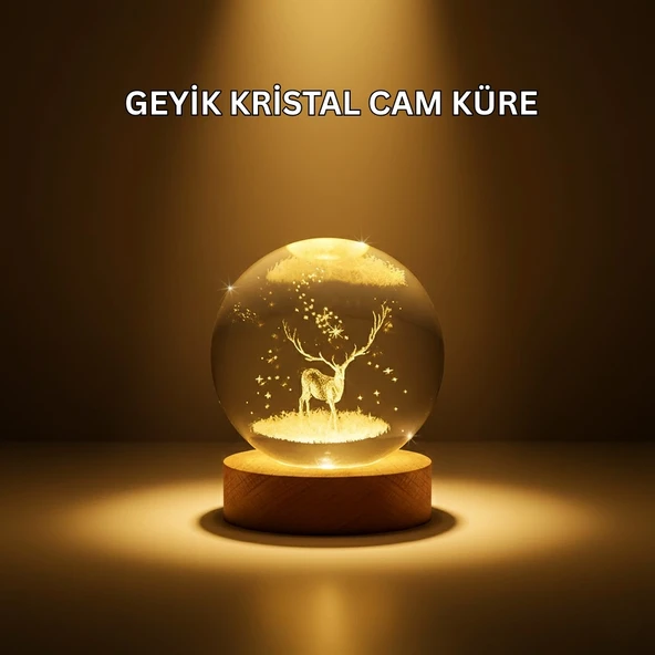 Usb Bağlantılı Geyik Temalı Kristal Küre Premium Masa Gece Lambası ürün görseli 1