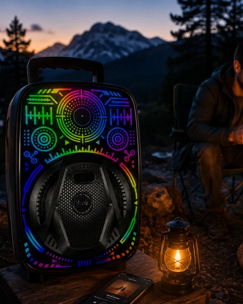 8 İnç Karaoke Hoparlör Usb Aux Fm Destekli Işıklı Speaker ürün görseli 1