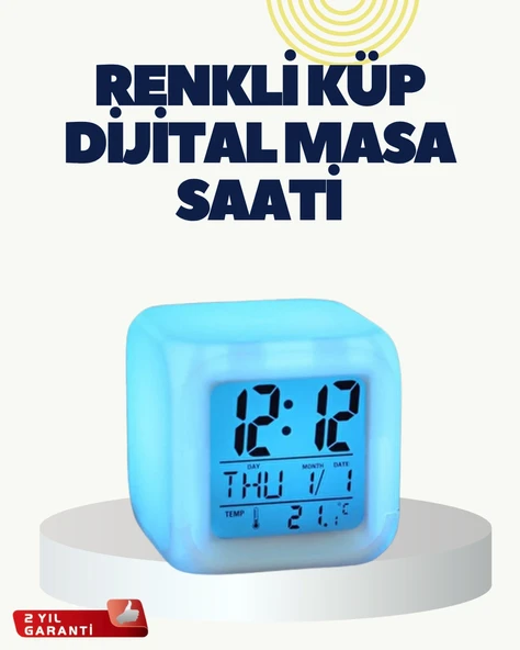Termometre Ve Takvim Özellikli 7 Renk Değiştiren Küp Alarm Saati ürün görseli 1