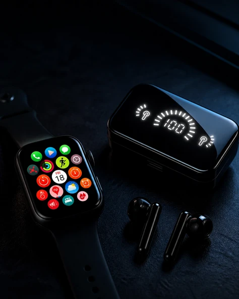 Şık Tasarımlı Akıllı Saat Ve Bluetooth Kulaklık Seti Suya Dayanıklı Ve Çok Fonksiyonlu ürün görseli 1