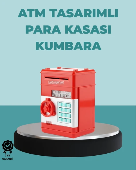 Şifreli Kırmızı Atm Tasarımlı Çelik Kasa Görünümlü Kumbara ürün görseli 1