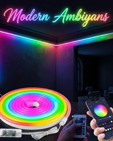 Dekoratif Rgb Led Şerit Neon Işık 3 Metre Su Geçirmez Uzaktan Kumandalı Ortam Aydınlatması ürün görseli 1