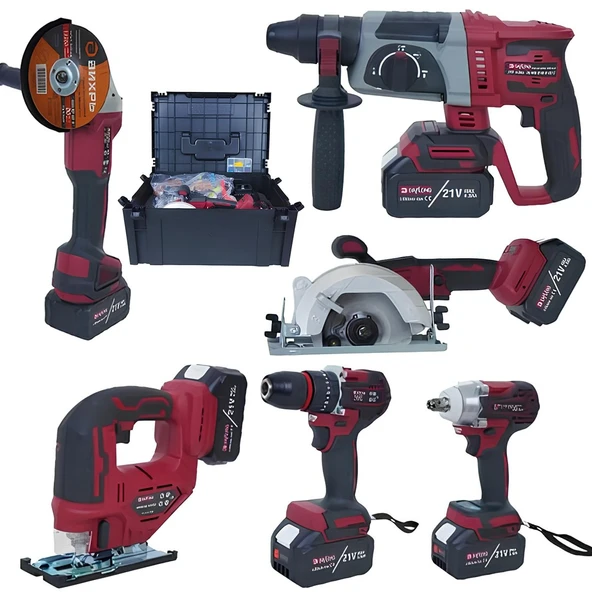Daflong DFL288 PRO 6lı Set - 4 Bataryalı Taşıma Çantalı – 80nm Şarjlı matkap + 600nm Torklu Bijon Sökme + Devir Ayarlı Taşlama + Kırıcı Delici Hilti + Sunta kesme + Dekupaj makinesi ürün görseli 1
