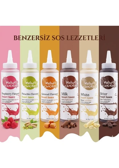 Melwiss Chocolate Melwiss 6'lı Bitter-Sütlü Çikolata-Beyaz Çikolata- Frambuaz Sos-Karamel-Antep Fıstıklı Sos Paketi ürün görseli 1