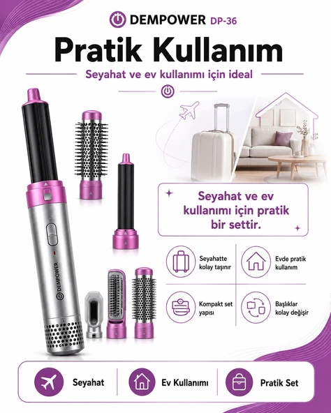 Anti Statik Etkili 5 Başlıklı Saç Şekillendirici Sıcak Hava Fırçası ve Maşa Seti ürün görseli 1