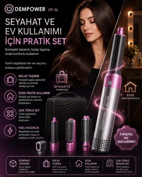 5 Başlıklı Çok Fonksiyonlu Saç Şekillendirici Fön Fırçası ve Bukle Yapıcı Set ürün görseli 1