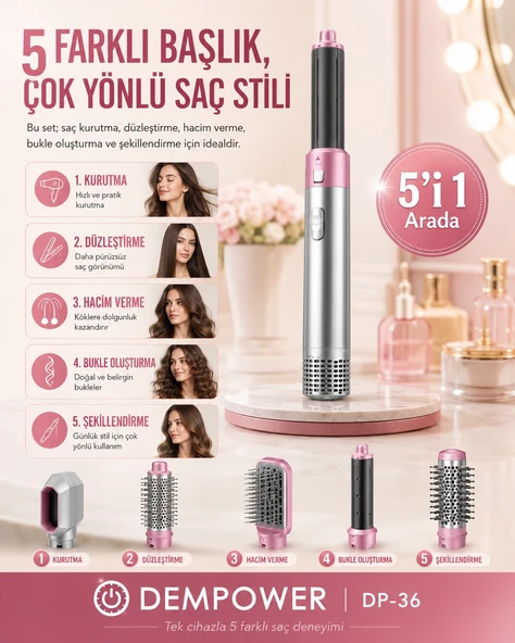 Kadınlar İçin 5 Başlıklı Saç Şekillendirme Seti Fön, Düzleştirme ve Bukle Aparatlı ürün görseli 1