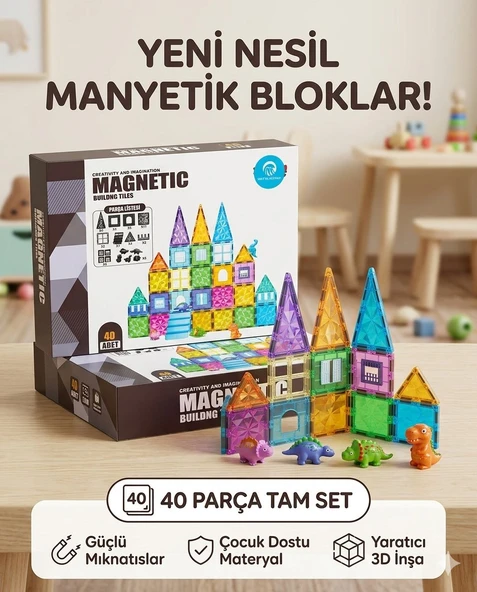 Manyetik Yapı Blokları | Çocuklar İçin 3 Boyutlu Renkli Mıknatıslı | 40 Parça Manyetik Blok Oyun Seti ürün görseli 1