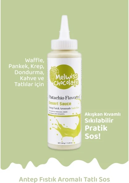 Melwiss Chocolate Antep Fıstık Aromalı Tatlı Sos 330 G - Waffle Krep Pankek Sosu ürün görseli 1