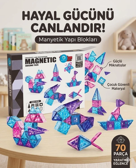 Manyetik Yapı Blokları | Çocuklar İçin 3 Boyutlu Renkli Mıknatıslı | 70 Parça Manyetik Blok Oyun Seti ürün görseli 1