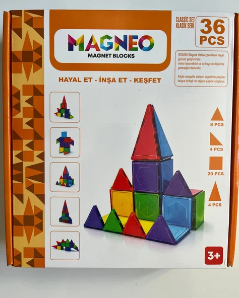 Manyetik Yapı Blokları | Magneo Çocuklar İçin 3 Boyutlu Renkli Mıknatıslı | 36 Parça Manyetik Blok Oyun Seti ürün görseli 1
