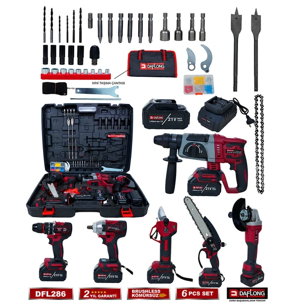 Daflong DFL286 Profesyonel Akülü 6lı Set - 80nm şarjlı vidalama + devir ayarlı taşlama + 600nm torklu somun sıkma + kırıcı delici hilti + dijital bağ makası + dal budama testere ürün görseli 1