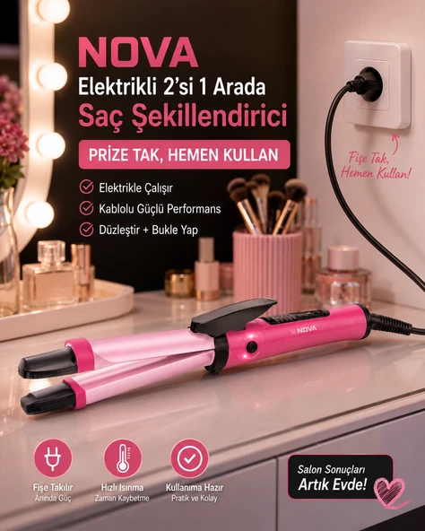Seramik Kaplamalı Saç Düzleştirici ve Bukle Maşası 2’si 1 Arada Şekillendirici ürün görseli 1