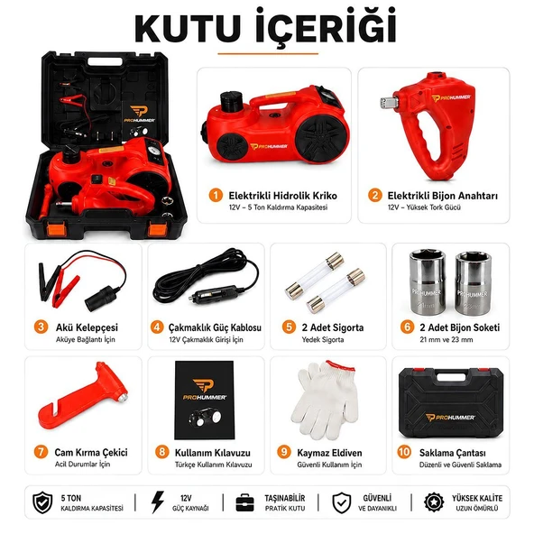 Prohummer PHM314 Elektrikli Kriko Seti - 5 Ton Hidrolik Kriko + Hava Pompası + Bijon Anahtarı + LED Fener ürün görseli 1