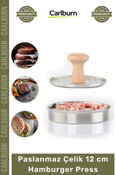 Özel Üretim Paslanmaz Çelik Gövde Ahşap Saplı Izgara Desenli Köfte Şekillendirici 12 cm Hamburger Press ürün görseli 1