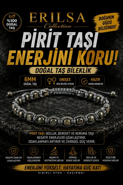Sertifikalı Pirit Taşı Doğal Taş Bileklik 6 MM Ayarlanabilir Unisex Premium Model - Enerjini Koru ürün görseli 1