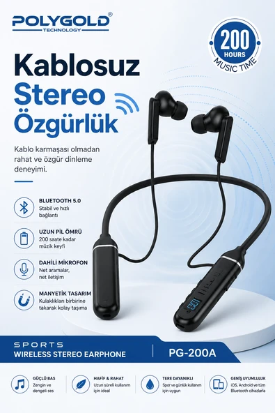 Kablosuz Stereo Spor Boyun Askılı Kulaklık 200 Saat Müzik Süreli Mikrofonlu ürün görseli 1