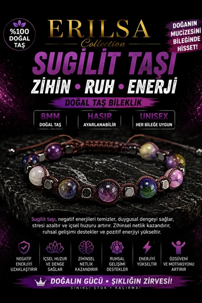 Sertifikalı Sugilit Taşı Doğal Taş Bileklik 8 MM Ayarlanabilir Unisex Hasır Model ürün görseli 1
