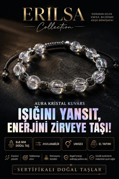 Sertifikalı Aura Kristal Kuvars Doğal Taş Bileklik 8x8 MM Ayarlanabilir Unisex - Yüksek Enerji Aura ürün görseli 1