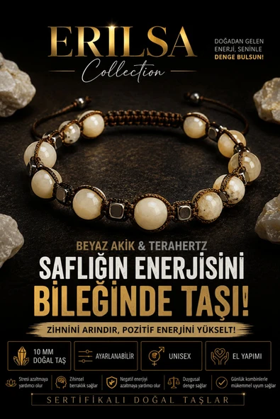 Sertifikalı Beyaz Akik Terahertz Doğal Taş Bileklik - Ayarlanabilir Unisex Saflığın Enerjisi ürün görseli 1