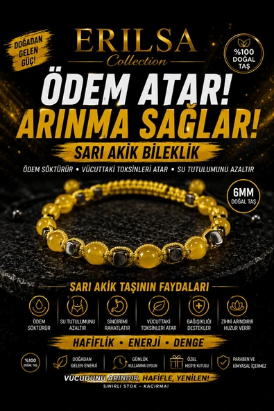 Sertifikalı Sarı Akik Doğal Taş Bileklik 6 MM Ayarlanabilir Unisex Premium - Ödem Atıcı Arınma ürün görseli 1