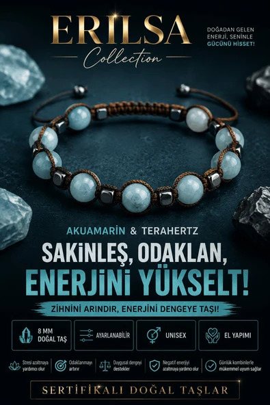 Sertifikalı Akuamarin Terahertz Doğal Taş Bileklik Ayarlanabilir Unisex - Sakinlik Odaklanma Enerji ürün görseli 1