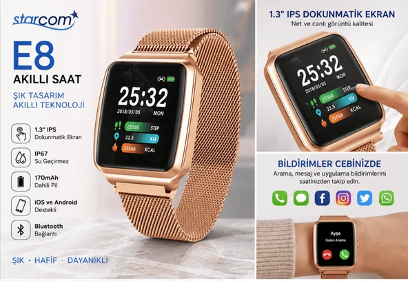 Starcom E8 Akıllı Saat 1.3” IPS Dokunmatik Ekran IP67 Bluetooth Rose Gold ürün görseli 1